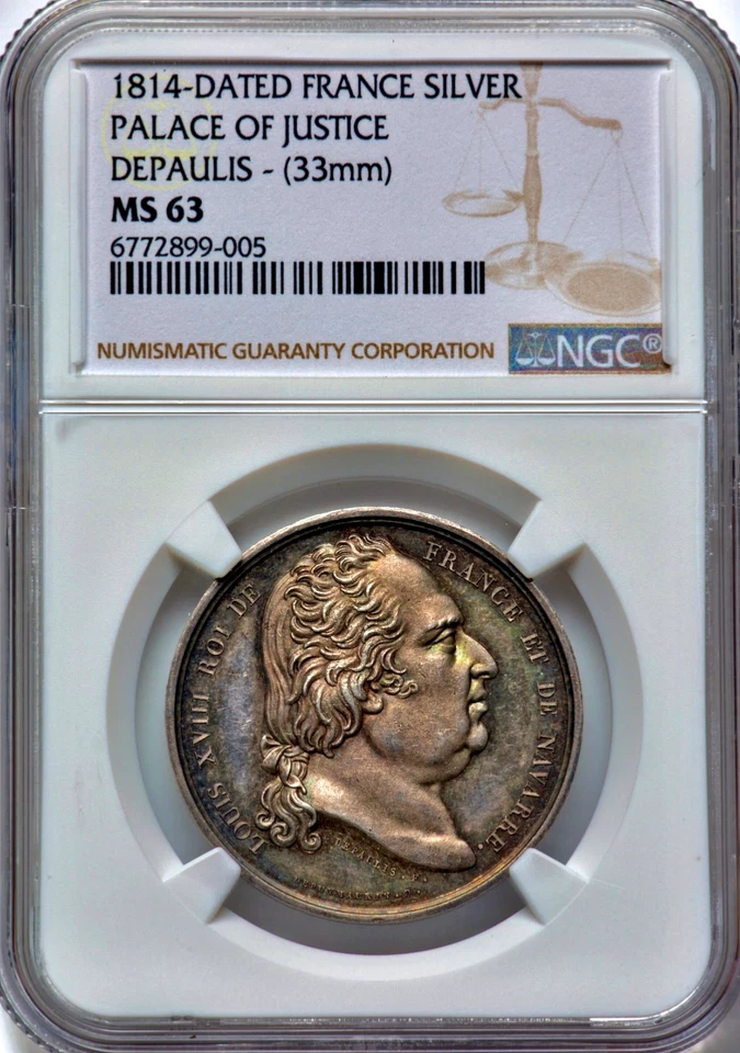 Beautiful 1814 France Louis XVIII Silver Palace Of Justice 33mm Medal NGC MS63 - Image 2 of 3