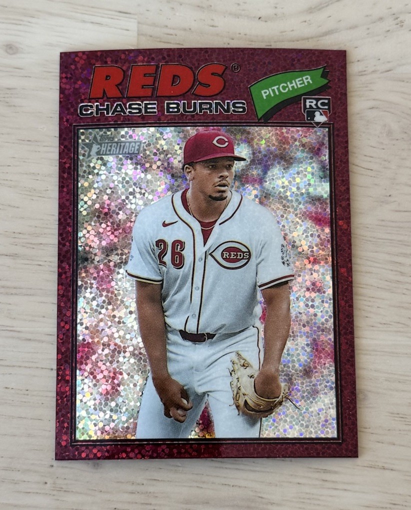 Chase Burns 2026 Topps Heritage #212 Chrome Burgundy Sparkle Refractor RC SP