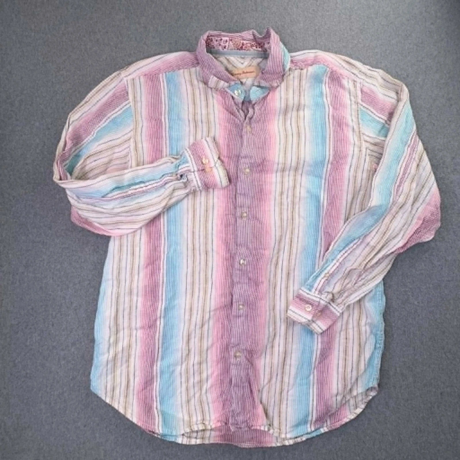 Tommy Bahama Shirt Mens Large 100% Linen Pastel Striped Beach Coastal Button