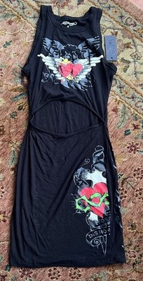 Ed Hardy HEART WINGS CUT OUT RIB TANK DRESS Black S Tattoo Core Y2K Streetwear