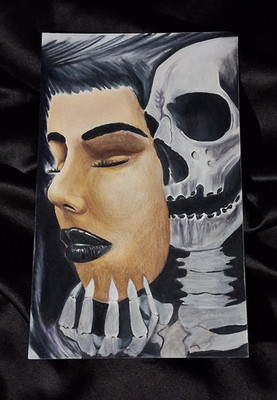 prison art colored pencil drawing skeleton holding face mask