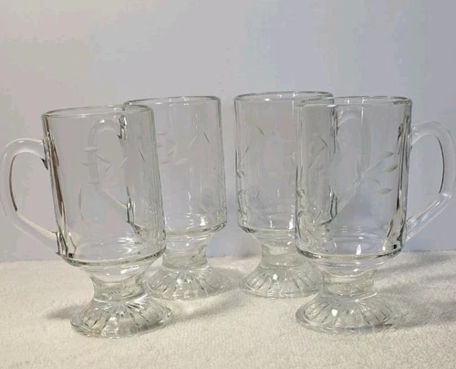 Princess House Heritage Footed Irish Coffee Tea Mugs Cups Etched Set Of 4