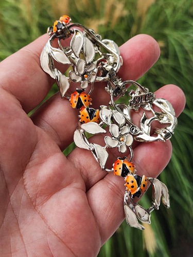 Vintage Signed JOLLE Orange Ladybug White Flowers Enamel 7.25" Bracelet - Picture 6 of 19