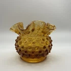 Vintage Fenton Art Glass 3" Amber Gold Hobnail Ruffled Open Rose Bowl Vase
