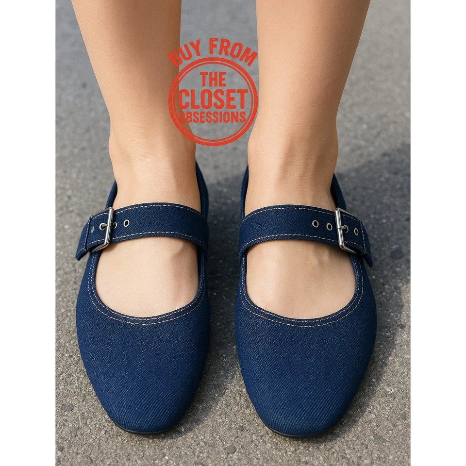 ZARA Denim Mary Jane Pisos Nuevos con Etiquetas | Azul Ballet Pisos | Talla 7.5 Foto 2 de 4