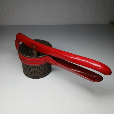 Vtg 1950's Metal Potato Ricer w/Red Handle ~ Retro Kitchen Masher/Strainer