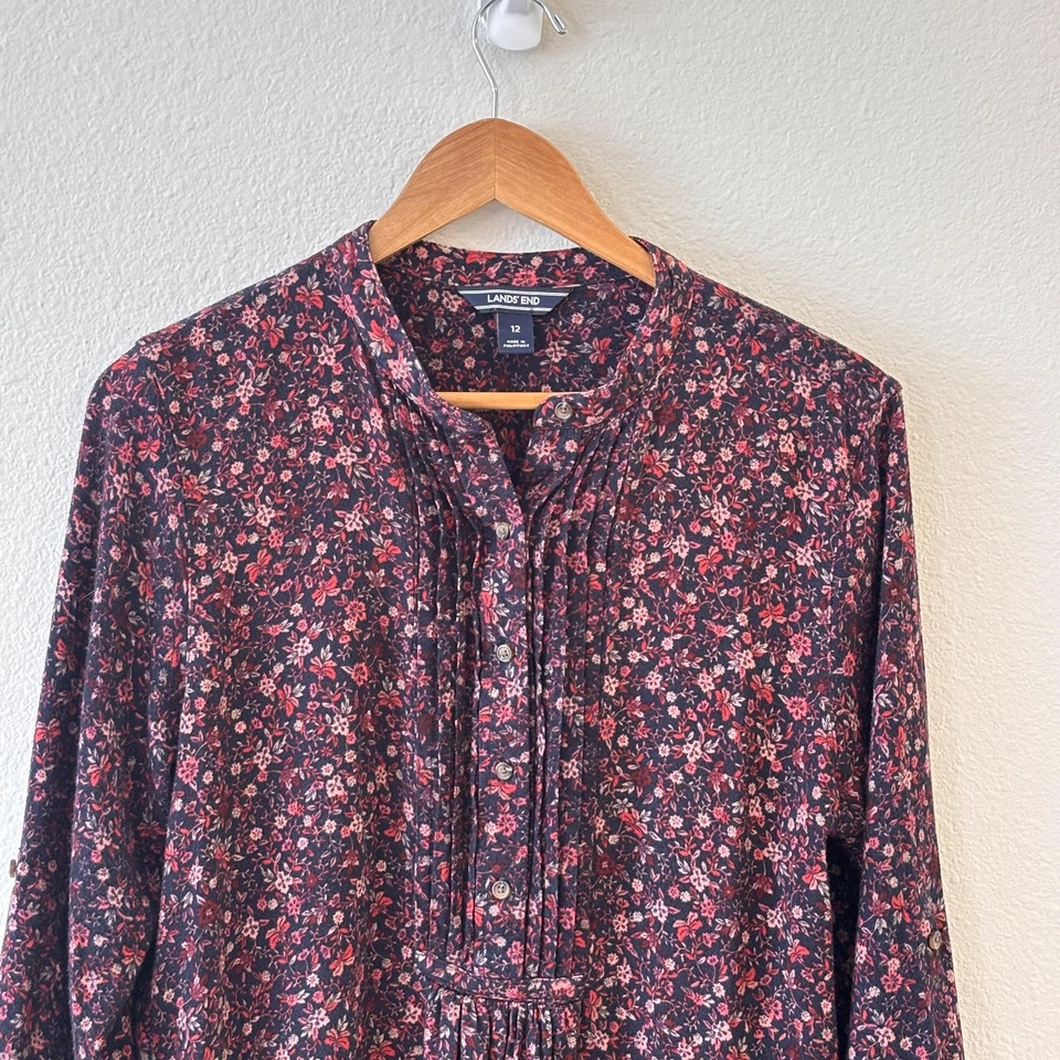 Lands End Womens Ditsy Floral Midi Dress Size 12 Pintuck Split Neck Cottage - Image 4 of 4