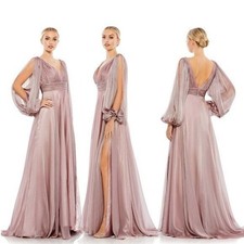 Mac Duggal Chiffon Open Sleeve V-neck Beaded Cuff A-Line Dress Size 6