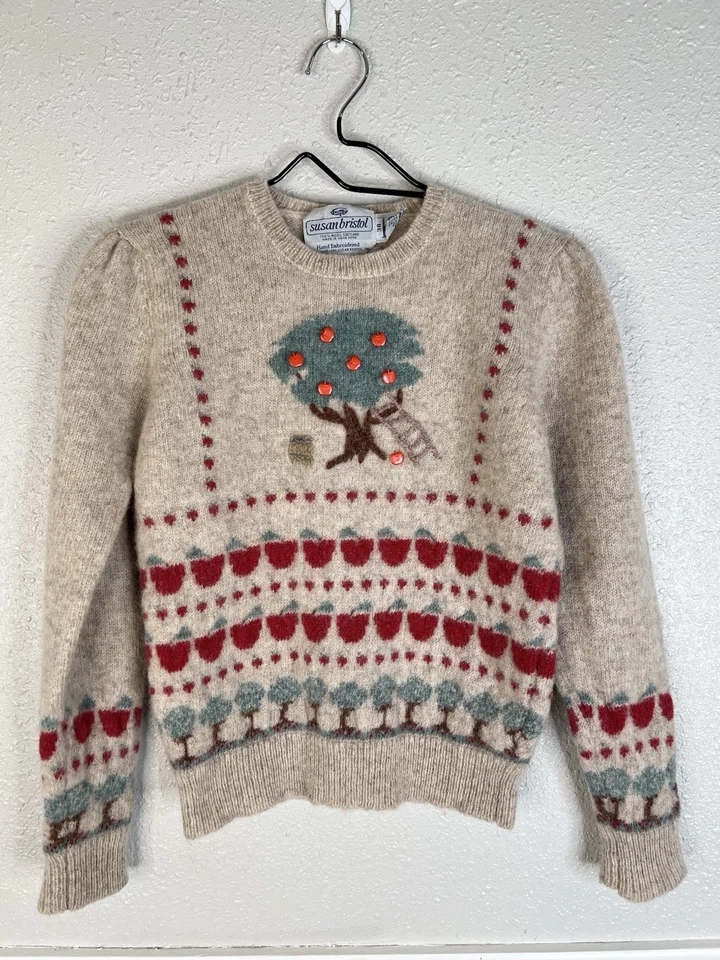 复古 80 年代设得兰群岛羊毛毛衣 S 码苹果 Orchard Country Indie Hipster — 第 2/4 张图片