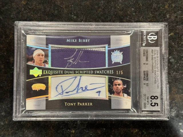 2004 UD Exquisite Mike Bibby Tony Parker Dual Scripted Swatches Auto /5 BGS 8.5