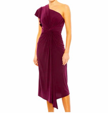Mac duggal Plum One Shoulder Sleeveless Ruched Ruffle Midi Sheath Dress sz 2