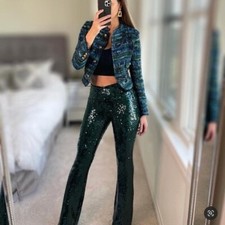 NWT ZARA SALE SOLDOUT DARK GREEN FLARED SEQUIN PANTS XS