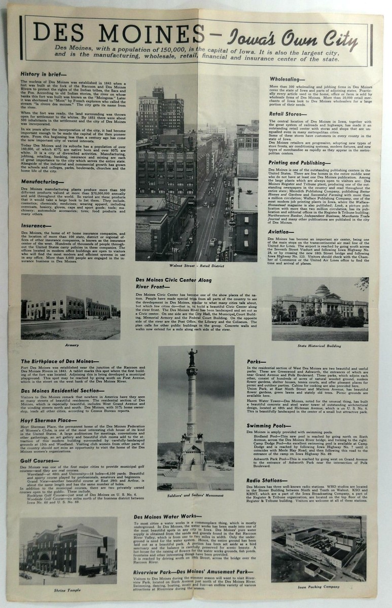 1930&rsquo;s - 1940&rsquo;s DES MOINES Iowa Visitors Guide Iowa&rsquo;s Own City 