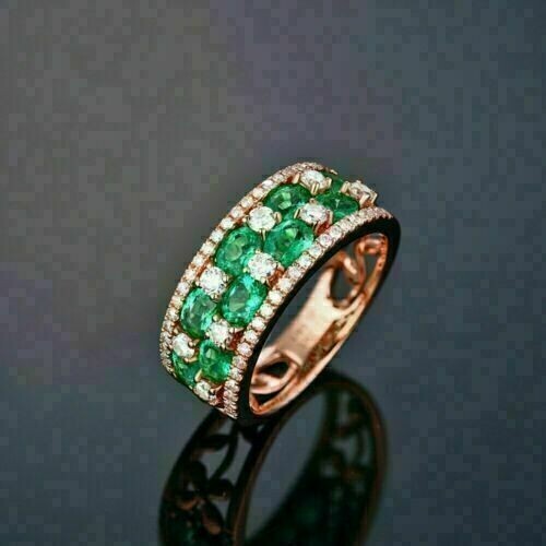 2Ct Green Emerald & White Diamond Simulated Ring in 14K Rose Gold Plated Silver