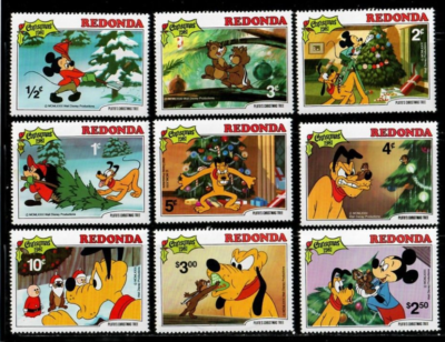Redonda 1981 - Disney - Christmas Donald, Pluto - Set of 9 Stamps  display picture 1