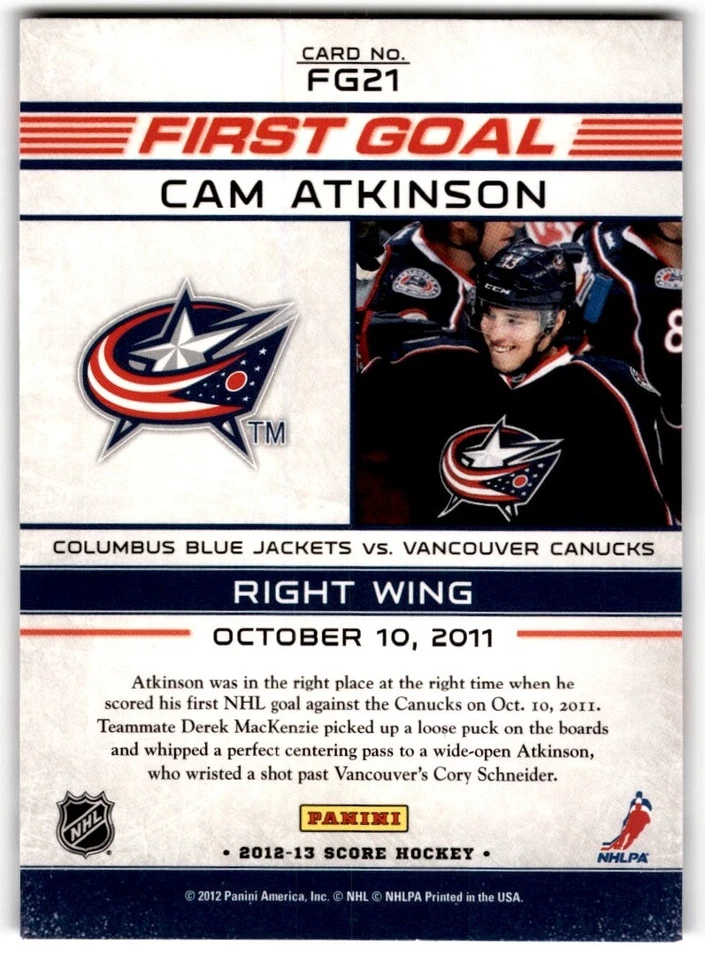 2012-13 Score First Goal Cam Atkinson #FG21 Columbus Blue Jackets - Image 2 of 2