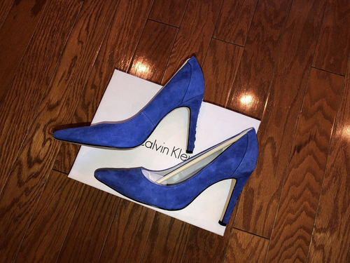 Calvin Klein Balina Electric Blue Periwinkle suede pointy toe pumps studded 7.5 - Picture 4 of 9