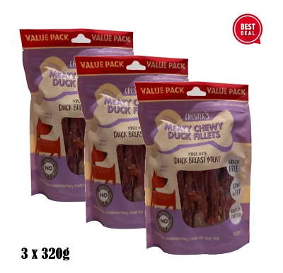 3x Chester's Meaty Chewy Duck Fillets 320g Grain Free Low Fat Premium Dog Treats