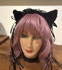 Girls Cat Ear Lace Headband. Black  Pink Ribbon Bow Headwear.