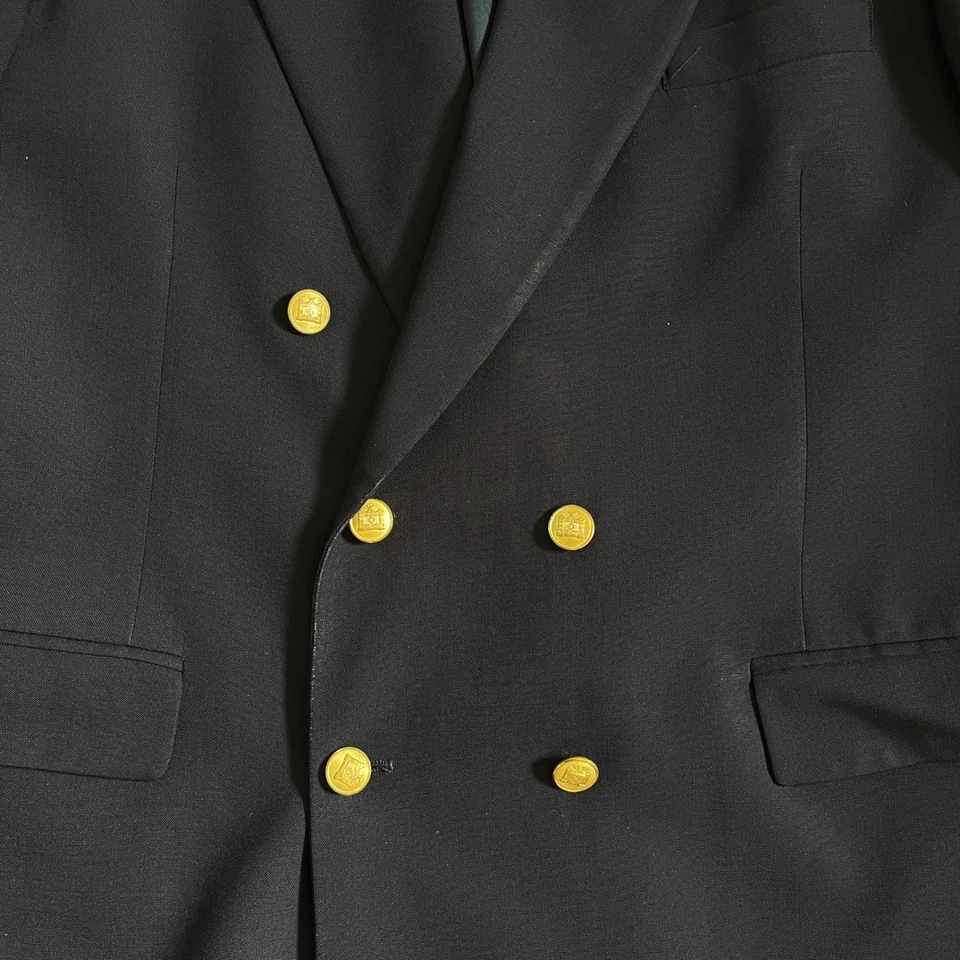 Brooks Brothers Blue/Purple Double Breast Blazer Gold Button Suede Elbow Patches - Image 2 of 4