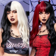 Black White Split Long Wavy Wig with Bangs Synthetic Cosplay Hair Halloween 24in