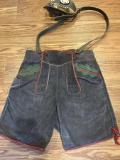 Vtg. Authentic German/Bavarian Lenderhosen Leather Shorts W/ Suspenders Oktober