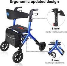 WALK MATE Rollator Walker Tall Seniors 5’3-7’ 10in Wheels Folding Blue
