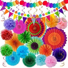Fiesta Party Decorations Mexican Hanging Paper Fans Rainbow Pom Poms 33 PCS