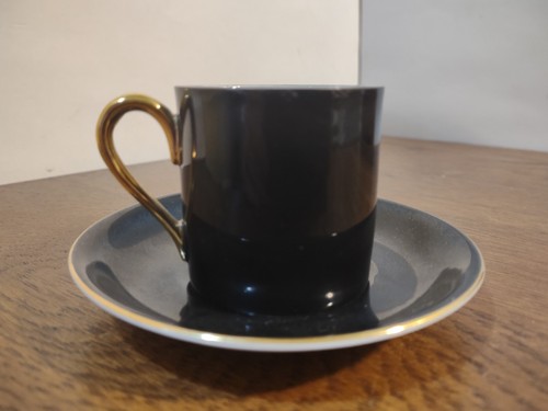Victoria Czechoslovakia Demitasse Set Cup Saucer Porcelain Black Gold Rim Floral - Picture 4 of 12