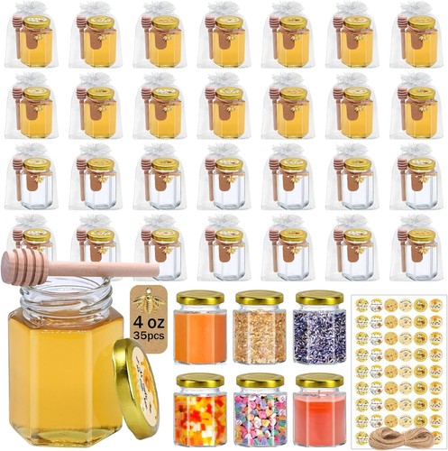 Elegante set mini barattoli miele 4 oz con coperchi, dipper e sacchetti regalo per festeggiamenti - Foto 3 di 8