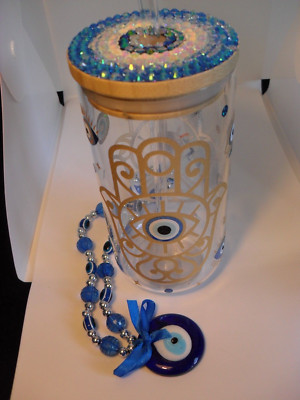 Evil Eye Nazar Hamsa Hand Boho Glas Libbey Dose Strass Bambus Deckel Strohhalm 
