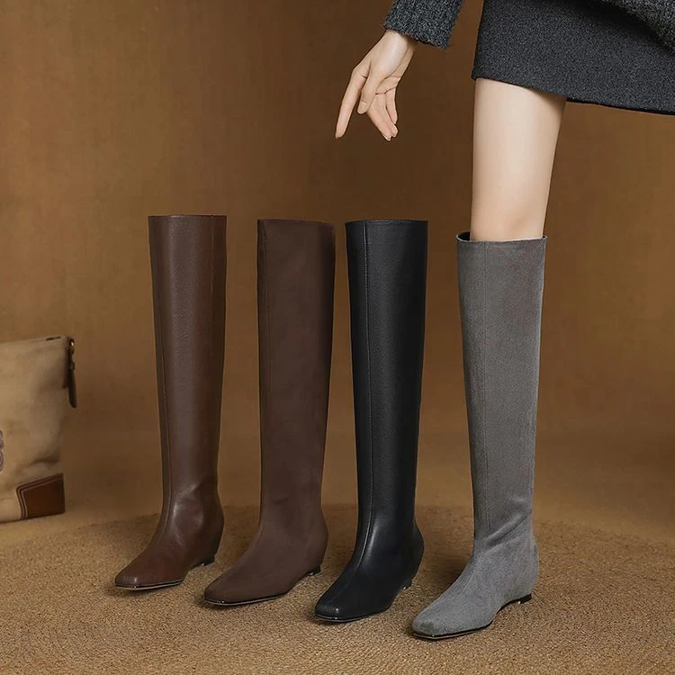 Botas hasta la rodilla de caballero de cuero real para mujer tacón de cuña bajo oculto punta cuadrada talla Foto 2 de 4