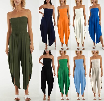 Ladies Bandeau Elasticated Sheering Strapless Summer Holiday Lagenlook  Jumpsuit UK