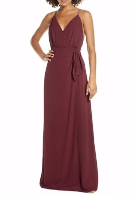 WAYF The Wynona NWT Faux Wrap V-Neck Gown Cabernet Red Long Chiffon Dress XS