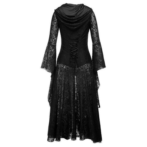 Damen Gothic Retro Steampunk mit Kapuze Kleid Hohl Out Rüschenärmel Halloween - Bild 1 von 6