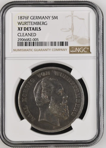 1876F German States WUERTTEMBERG 5 Mark (Authentic: NGC XF Certified)