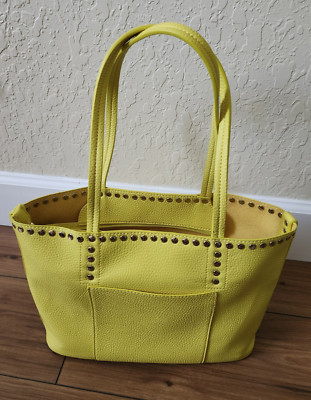 Sondra Roberts Squared Vegan Leather Tote Purse Bag + Insert Yellow STUDDED! HOT