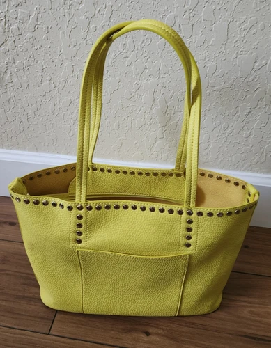 Sondra Roberts Squared Vegan Leather Tote Purse Bag + Insert Yellow STUDDED! HOT