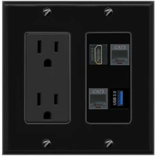 HD 2 PHONE USB-3 Port Wall Plate Black w Power Outlet
