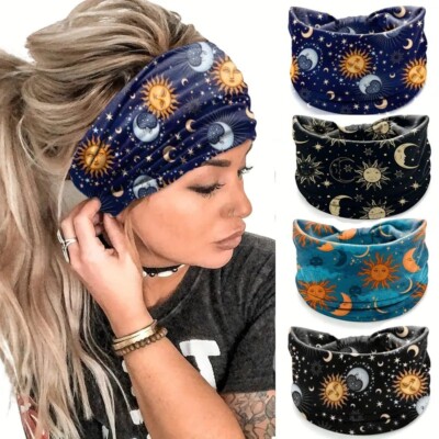 Moon Sun Pattern Boho Headband Bandana Yoga Sweatband Hairband Wrap Stretchable