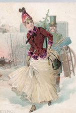 1890 Holiday Greeting Lion Coffee Woolson Spice Co Lovely Woman Man Top Hat Sled