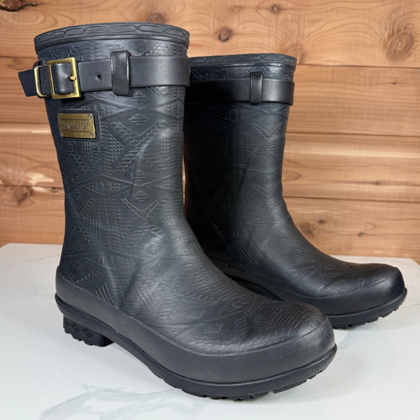 Pendleton Black Geometric Pattern Rubber Rain Boo… - image 13