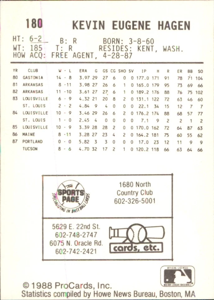Kevin Hagen 1988 ProCards #180 RC Tucson Toros *AutographDen* - Image 2 of 2
