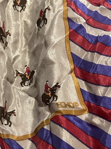 Vintage Echo Horse, Equestrian, Silk Scarf, Dark, Red, And Blue  - Picture 2 of 4