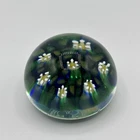 Murano Millefiori Glass Paperweight Daisy Flower Blue Teal Vintage 2.25”