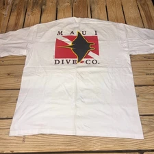 Vintage 90s Maui Dive Co T-Shirt Men’s Large White Red Graphic USA Single Stitch