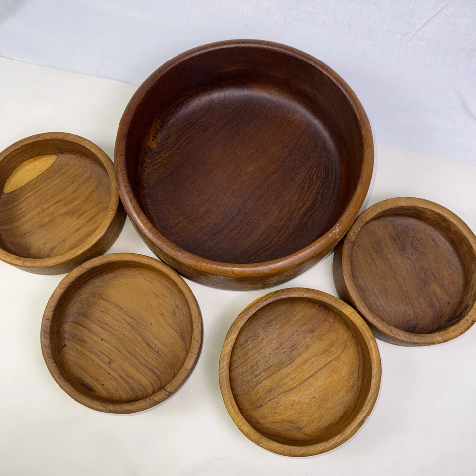 Vintage Mid 20th Century Teak Wood Salad Bowl 5 Piece Salad Bowl Set. Thailand - Image 3 of 4