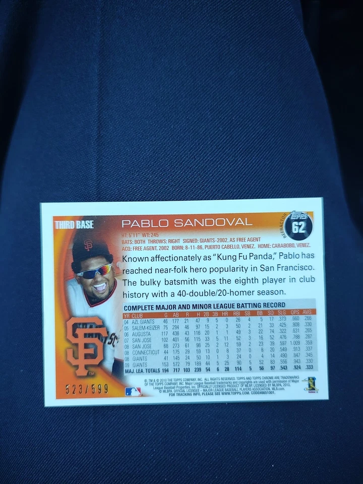 2010 Topps Chrome - Pablo Sandoval #62 Purple Refractor /599 (JGA) - Image 2 of 2