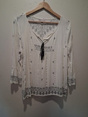 CB Established 1962 Wmn's Sz L Cream Black Geometric Print Silver Threads Tassel