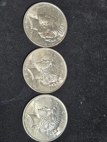 3 X Blast White Bu 1924-p Silver Peace Dollars..stunning ..not Cleaned Ms +++